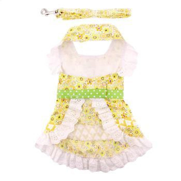 Yellow Floral And Lace Dog Dress With Matching Leash